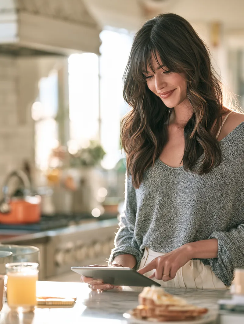 Applicant submitting her personal loan application from her kitchen on a tablet